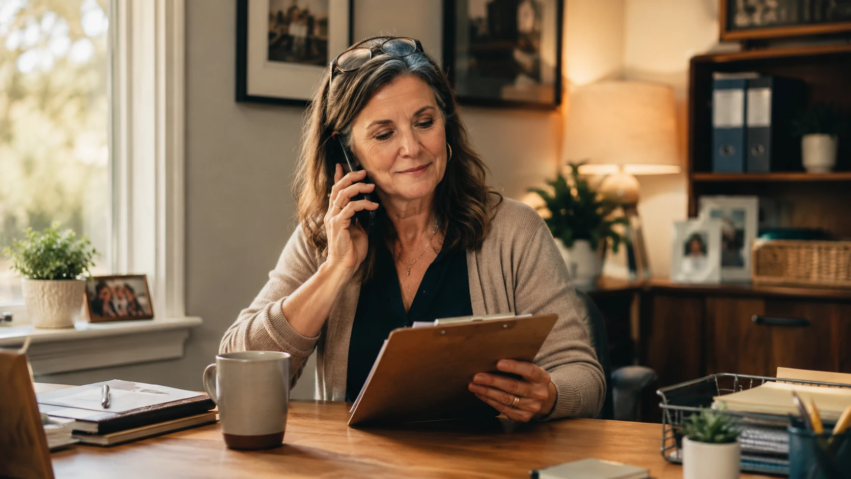 A care coordinator at a warm-lit desk on the phone with a clipboard in hand.
